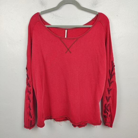 Free People Lace Up Sweatshirt Womens Small Red Stitched Top Distressed Boho - Picture 1 of 9